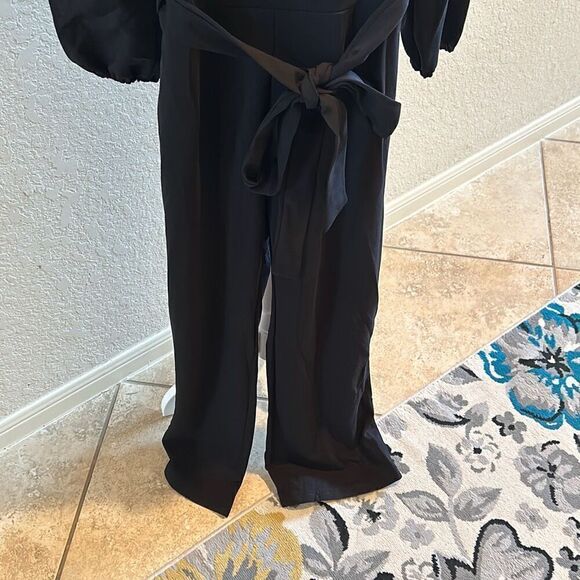 Nikki Lund Size L Long Sleeve Belted Jumpsuit Solid Black Relaxed Fit Minimalist - Picture 3 of 9